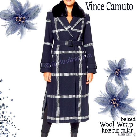 Vince Camuto Jackets & Blazers - Brand New Vince Camuto Wool Belted Navy White Plaid Trench Coat Fur LARGE FUR